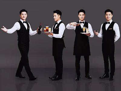 Group of Professional Male Waiters in Black Vests Serving Drinks on Trays 3d model