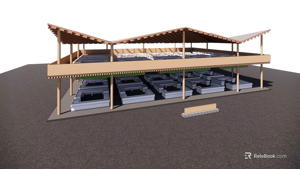 Outdoor Wooden Platform Structure With Open Roof And Square Planter Troughs Underneath 3d model 