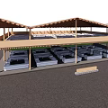 Outdoor Wooden Platform Structure With Open Roof And Square Planter Troughs Underneath