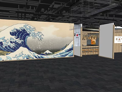 Japanese Restaurant Interior Featuring Great Wave Mural And Open Display Cabinets For Wine 3d model