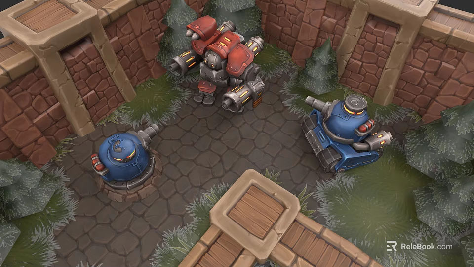 Industrial Equipment Featuring Red And Blue Machinery On Cobblestone Ground With Brick Wall Surroundings 3d model 