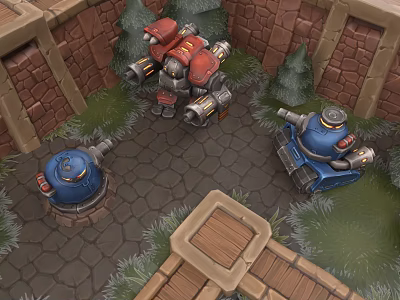 Industrial Equipment Featuring Red And Blue Machinery On Cobblestone Ground With Brick Wall Surroundings 3d model