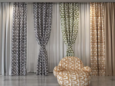 Stylish Curtains With Various Patterns Colors And Matching Chair In Modern Interior 3d model