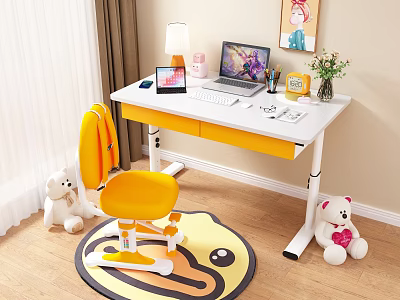 Elegant Kids Adjustable Desk with Yellow Chair Laptop Desk Lamp and Teddy Bear Rug 3d model