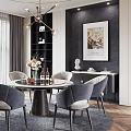 Modern Restaurant Featuring Round Dining Table Grey Chairs Chandelier Large Window View And Decorative Painting