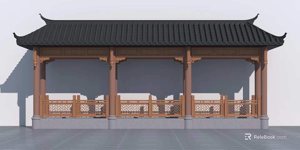 Traditional Chinese Architectural Components With Classic Roof Wooden Columns and Railings 3d model 