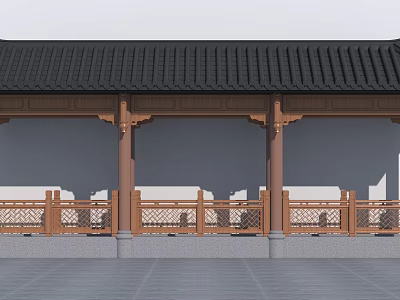 Traditional Chinese Architectural Components With Classic Roof Wooden Columns and Railings 3d model