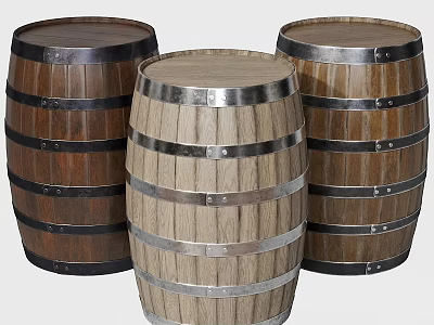 Decorative Wooden Barrel Ornament Set With Metal Bands And Natural Wood Tones 3d model