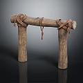 Handcrafted Rustic Wooden Structure Featuring Two Posts Supporting Crossbeam With Rope Bindings