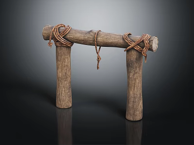 Handcrafted Rustic Wooden Structure Featuring Two Posts Supporting Crossbeam With Rope Bindings 3d model