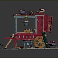 Traditional Colorful Street Food Cart With Hanging Pots And Decorative Elements