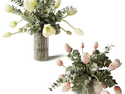 Decorative Glass Vase With White Pink Tulips And Fresh Eucalyptus Leaves 3d model