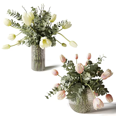 Decorative Glass Vase With White Pink Tulips And Fresh Eucalyptus Leaves 3d model