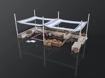 Outdoor Canopy Structure With White Support Poles Seating Area Tables And Plant Decorations 3d model