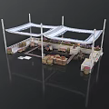 Outdoor Canopy Structure With White Support Poles Seating Area Tables And Plant Decorations