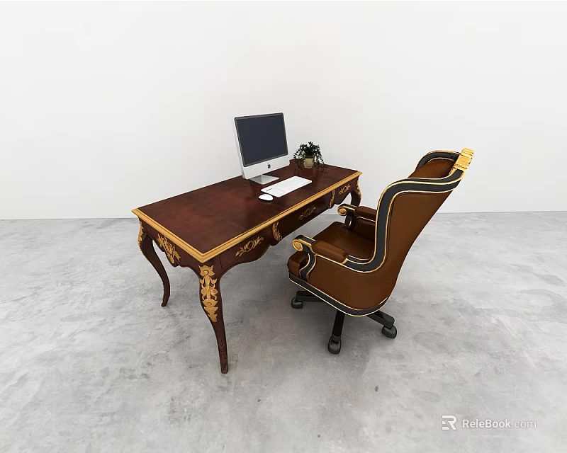 Elegant Wooden Carved Desk With Computer Monitor Keyboard Mouse Potted Plant And Leather Office Chair 3d model 