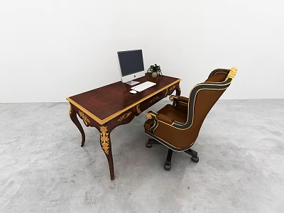 Elegant Wooden Carved Desk With Computer Monitor Keyboard Mouse Potted Plant And Leather Office Chair 3d model