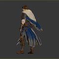 Man As Fantasy Warrior In Blue Cape With Detailed Armor Holding Double Bladed Weapon