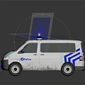 White Police Van With Blue Stripes And Flashing Lights On Top