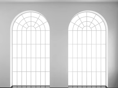 Arched Casement Windows With Grille Design And White Frame In Indoor Interior 3d model