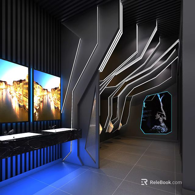 Modern Public Restroom Interior Featuring Neon Lines Large Screens Black Marble Countertops And Blue Lighting 3d model 