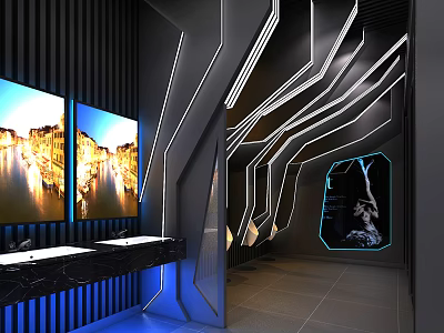 Modern Public Restroom Interior Featuring Neon Lines Large Screens Black Marble Countertops And Blue Lighting 3d model