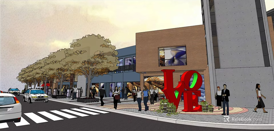 Bustling Commercial Street With LOVE Sculpture Pedestrians Trees And Modern Buildings 3d model 