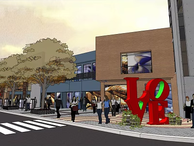 Bustling Commercial Street With LOVE Sculpture Pedestrians Trees And Modern Buildings 3d model