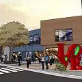 Bustling Commercial Street With LOVE Sculpture Pedestrians Trees And Modern Buildings
