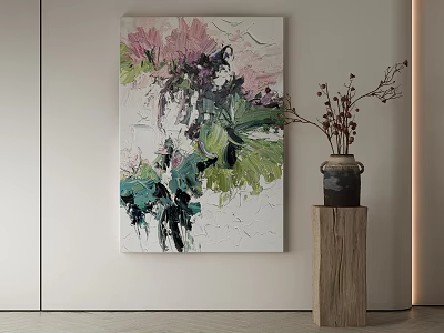 Colorful Abstract Painting on Wall With Wooden Pedestal Vase and Dried Branches 3d model