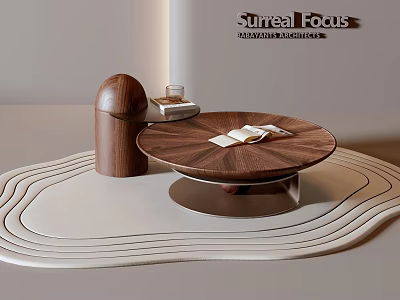 Modern Wooden Round Coffee Table With Decorative Pieces And Wavy Rug In Interior Design 3d model