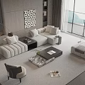 Contemporary L Shaped Sofa and Coffee Table Set with Marble Pattern Top and Footstool 3d model