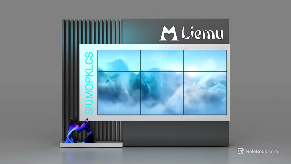 Modern Background Wall With Large Display Screen Blue Sky Pattern Liemu Logo And SLUMOPKLICS Text 3d model 