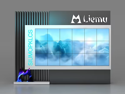 Modern Background Wall With Large Display Screen Blue Sky Pattern Liemu Logo And SLUMOPKLICS Text 3d model