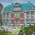 Detached Villa Featuring Blue Roof Colorful Windows And Symmetrical Design Surrounded By Trees