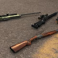 Three Different Rifles With Mounted Scopes On Gravel Ground Featuring Wooden And Metal Parts