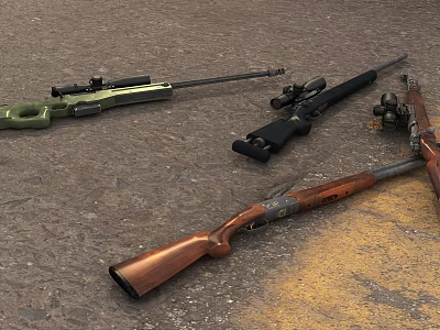 Three Different Rifles With Mounted Scopes On Gravel Ground Featuring Wooden And Metal Parts 3d model