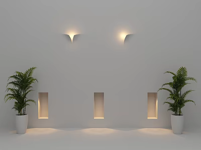 Illuminated Recessed Wall Lamps On White Wall With Flanking Green Plants 3d model