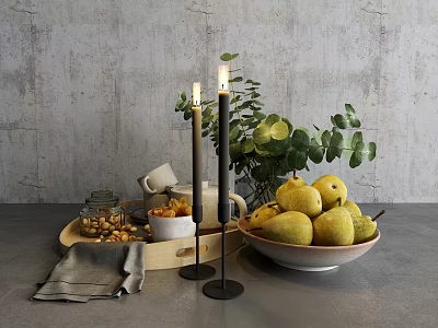 Stylish Decorative Ornament Set With Candles Pears Green Leaves Wooden Tray And Ceramic Bowl 3d model
