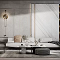 Elegant Modern Sofa and Coffee Table Set with Light Gray Sofa Marble Wall and Bookshelf 3d model