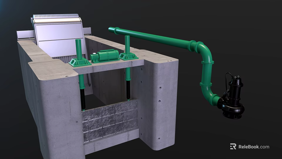 Industrial Concrete Structure With Green Pipes And Mechanical Pump Components 3d model