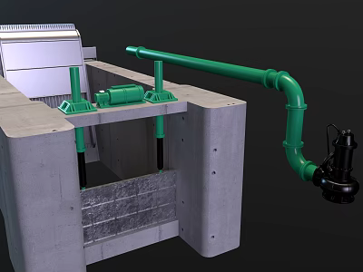 Industrial Concrete Structure With Green Pipes And Mechanical Pump Components 3d model