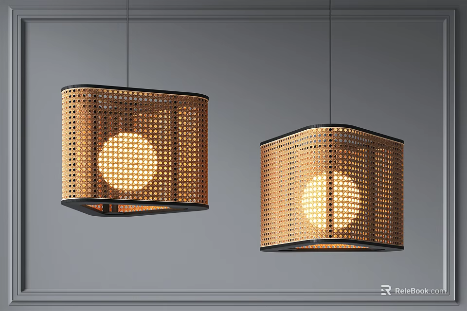 Two Bamboo Pendant Lights with Hollow Out Design and Warm Illumination Against Grey Wall 3d model 