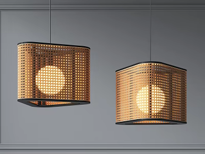 Two Bamboo Pendant Lights with Hollow Out Design and Warm Illumination Against Grey Wall 3d model