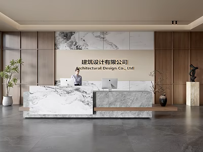 Modern Front Desk Reception Interior With Marble Counter And Architectural Design Company Background 3d model
