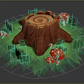 Wooden Stone Tree Stump Surrounded By Red Spotted Mushrooms And Green Grass