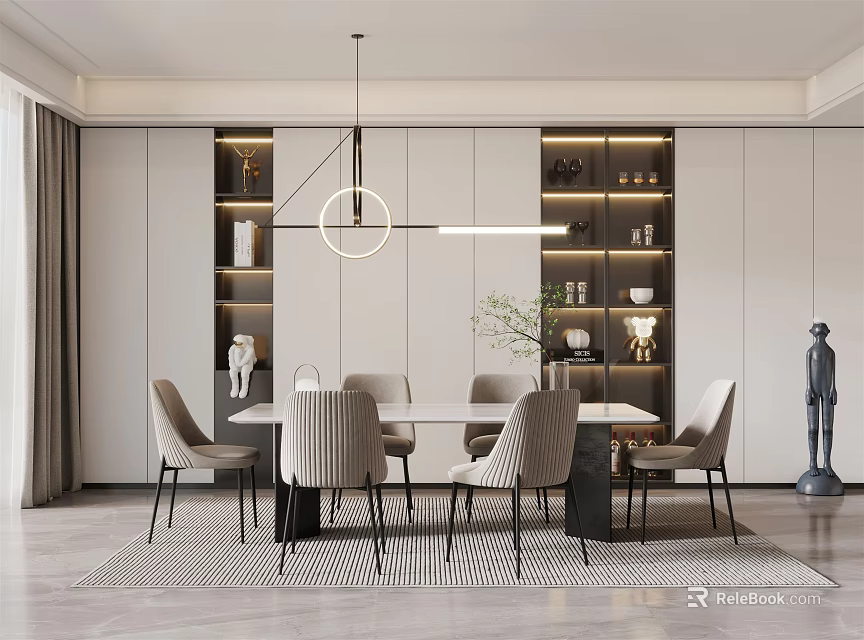 Modern Restaurant Interior Featuring Rectangular Dining Table Upholstered Chairs Circular Pendant Light And Decorative Shelves 3d model