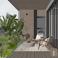 Villa Balcony Featuring Wooden Outdoor Seating Fire Pit And Lush Greenery