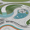Modern Garden Ornament Design with Wavy Green Lawn Water Feature and Stone Pathway