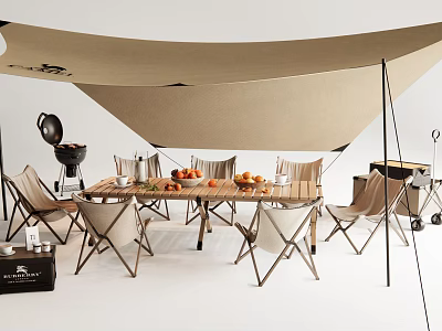 Wooden Outdoor Table With Foldable Chairs Under Tan Awning For Dining Setup 3d model